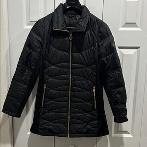 Women's Black Puffer Jacket with Gold Accents